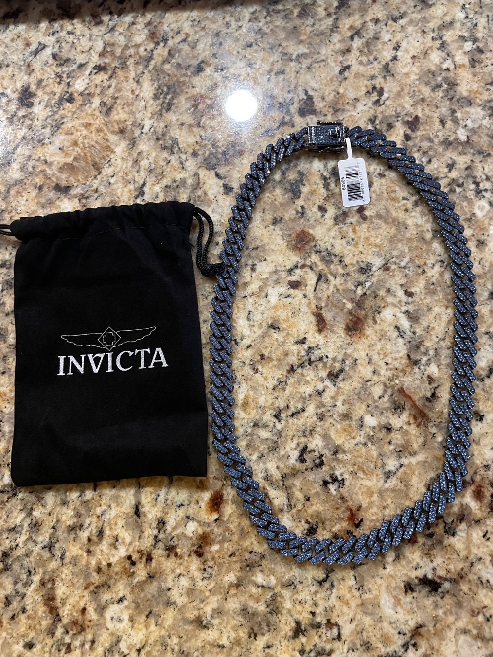 Invicta Men’s Gunmetal Black with Blue Crystals Cuban Link Chain Necklace
